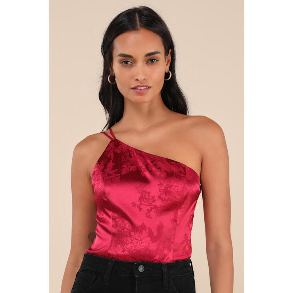 NWT Lulus Desirable Dream Wine Red Satin Jacquard One-shoulder Bodysuit